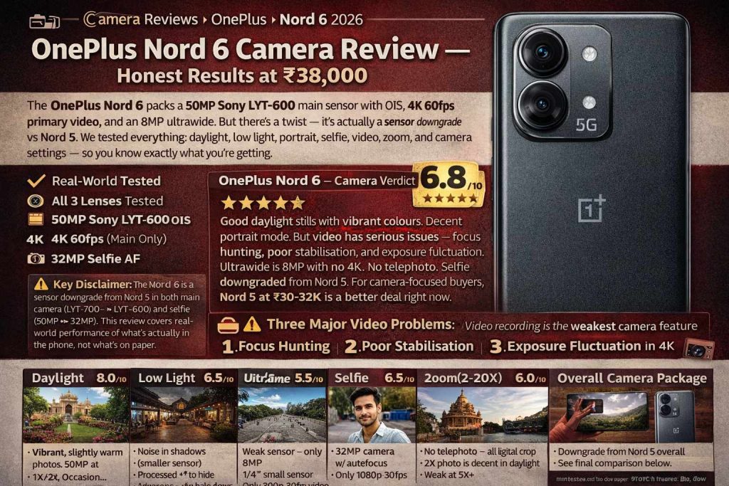 OnePlus Nord 6 Camera Review infographic showing 2026 results with 50MP Sony LYT-600 sensor, 8MP ultrawide, 32MP selfie, 4K 60fps main video, and overall camera score 6.8/10, highlighting daylight performance, low-light limitations, weak ultrawide, video issues (focus hunting, poor stabilisation), and comparison noting downgrade from Nord 5.