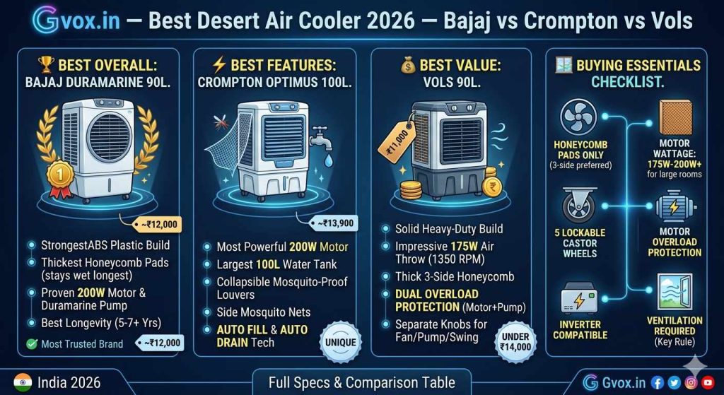 A detailed comparative infographic comparing the top three desert air coolers of 2026: Bajaj, Crompton, and Vols, categorized into 'Rank & Specs', 'Pros', and 'Cons'. The infographic uses a clean, high-tech dashboard style with glowing panels against a subtle navy blue background and the 'Gvox.in' logo prominently displayed at the top. The top row, Rank & Specs, features three illustrative cutaway diagrams of the air coolers:
