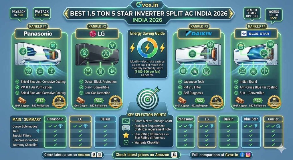 This infographic provides a complete visual guide for anyone in India looking for the best 1.5 Ton 5 Star Inverter Split AC in 2026, based on your comprehensive technical review. I have visually represented the top four brands with detailed feature lists, unique components, and common specifications like R32 refrigerant and 100% copper. The graphic simplifies the choice with a 'Key Selection Points' section and a 'Main Specification Summary' table, all while adhering to the Gvox.in brand style.