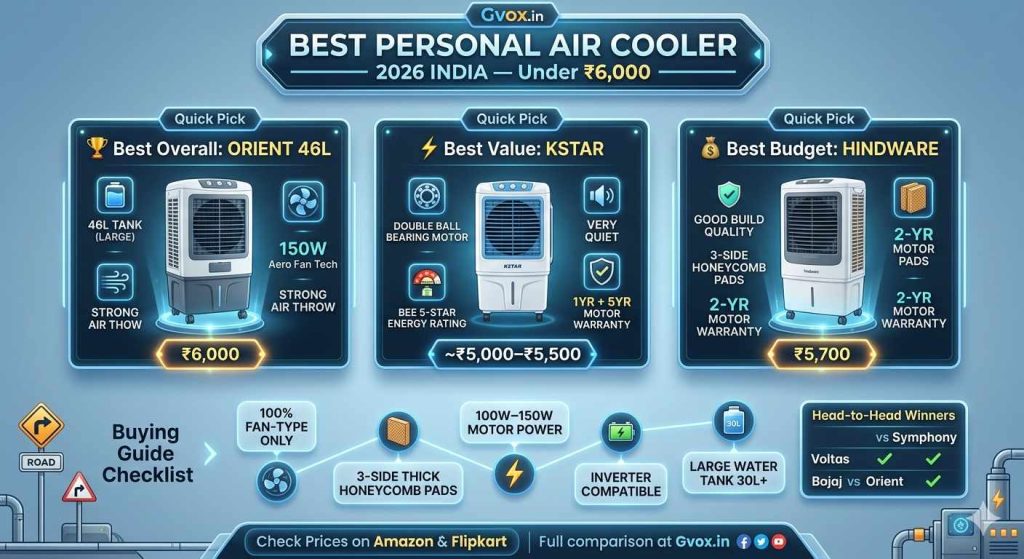 I have generated a clean, high-tech infographic visually summarizing the provided guide for the 'Best Personal Air Cooler under ₹6,000 in India 2026'.

The graphic highlights the three key 'Quick Picks'—the Orient 46L as Best Overall, Kstar as Best Value, and Hindware as Best Budget—each with its specific features like tank capacity, motor power, noise level, and warranty.

Additionally, I included a 'Buying Guide Checklist' section, connecting critical choice factors like 'Fan-Type Only' and '3-Side Honeycomb Pads' with connected data nodes, ensuring a high-trust, informative user experience that perfectly aligns with the Gvox.in brand identity.